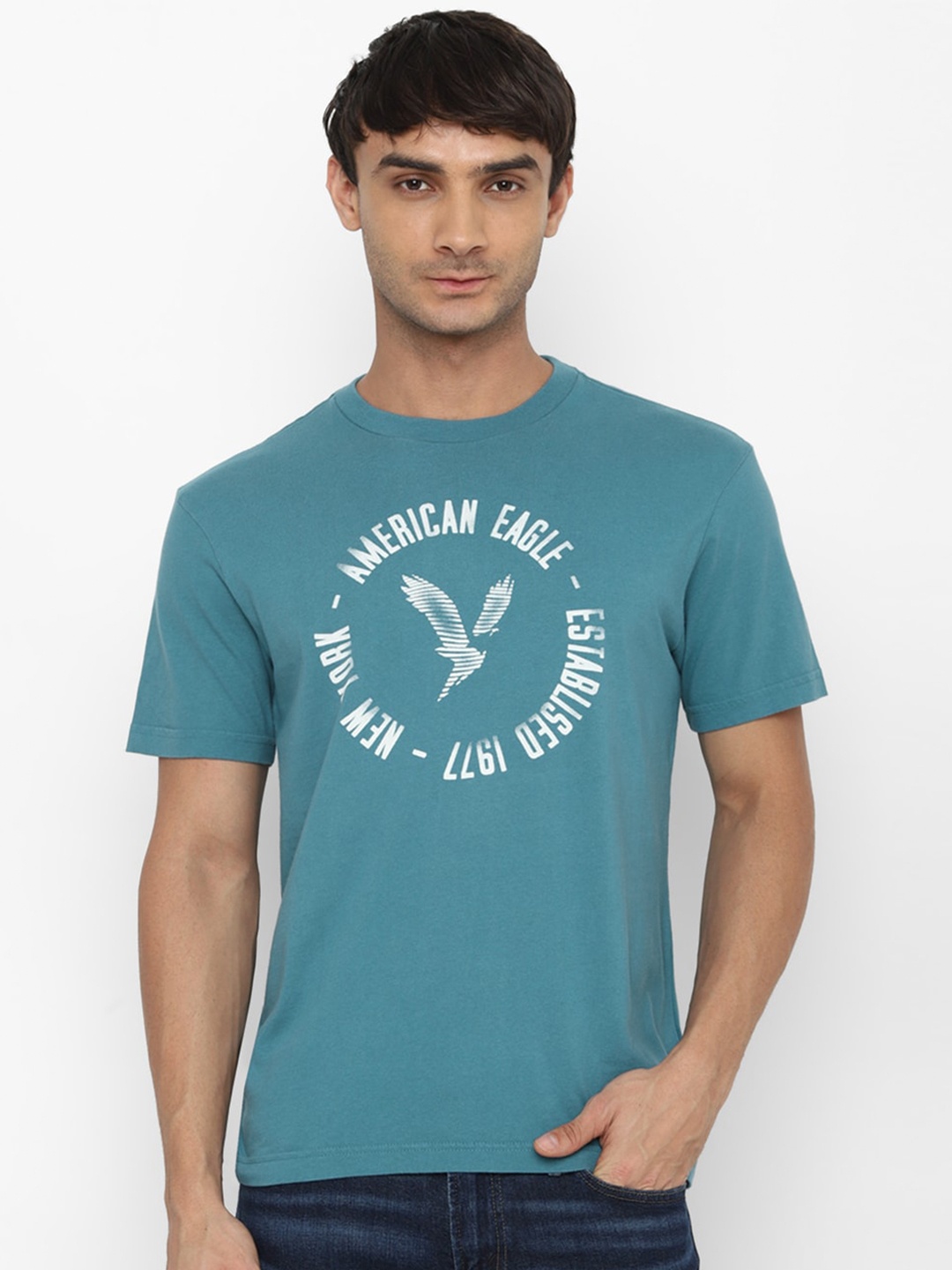 AMERICAN EAGLE OUTFITTERS Typography Printed Pure Cotton T-shirt, Blue