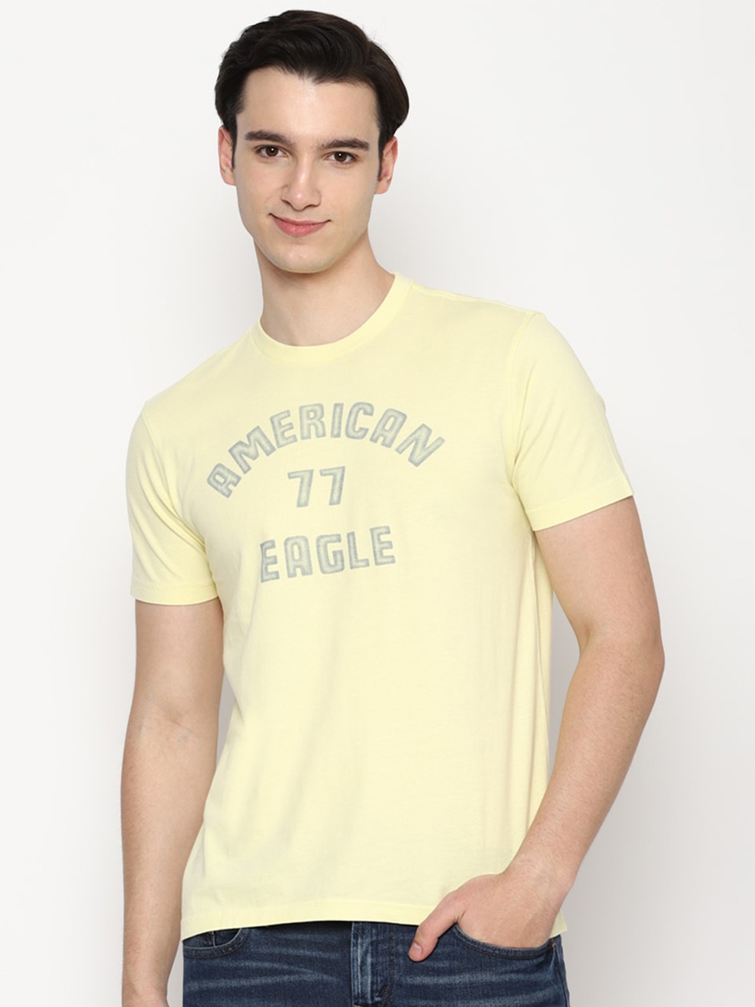 AMERICAN EAGLE OUTFITTERS Typography Printed Pure Cotton T-shirt, Yellow