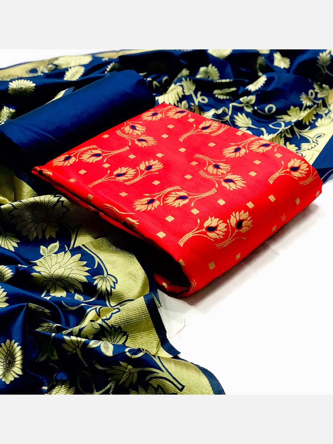 

MORLY Woven Design Dupion Silk Unstitched Dress Material, Red