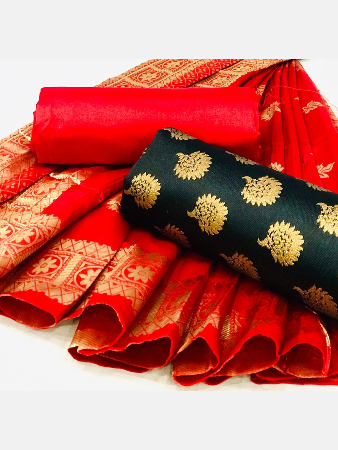 

MORLY Ethnic Motifs Printed Banarasi Silk Unstitched Dress Material, Black