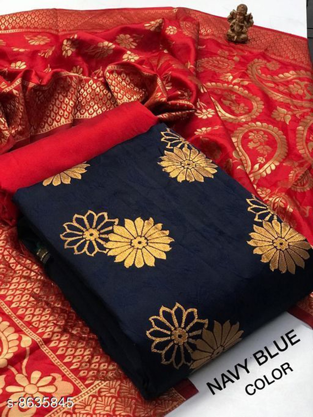 

MORLY Dupion Silk Unstitched Dress Material, Navy blue