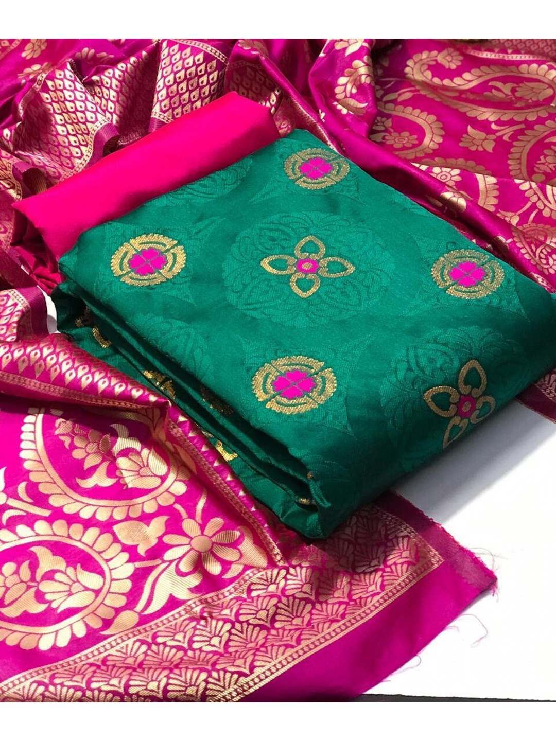 

MORLY Ethnic Motifs Printed Banarasi Silk Unstitched Dress Material, Green