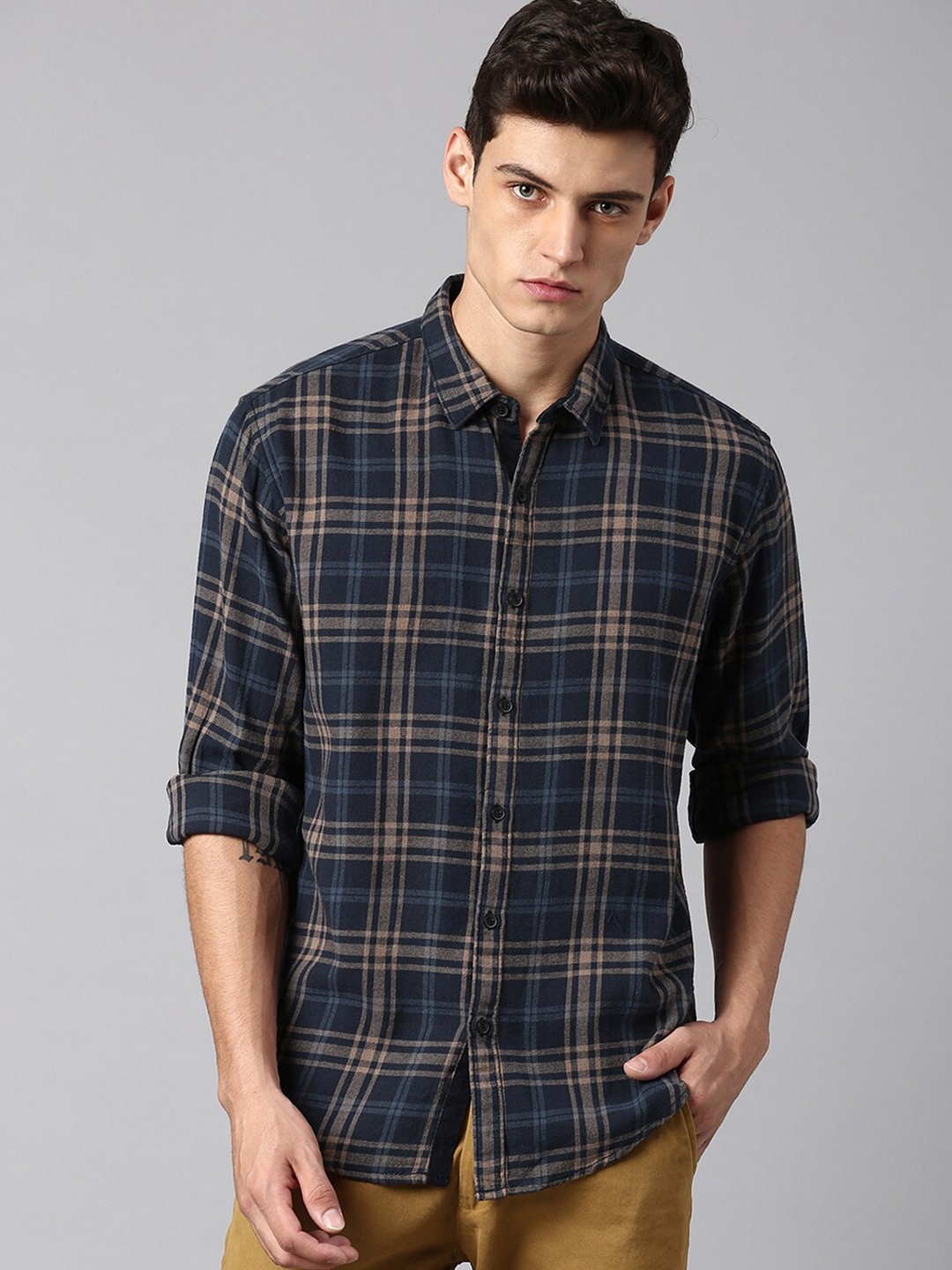 

Dennis Lingo Slim Fit Tartan Checks Checked Casual Shirt, Navy blue