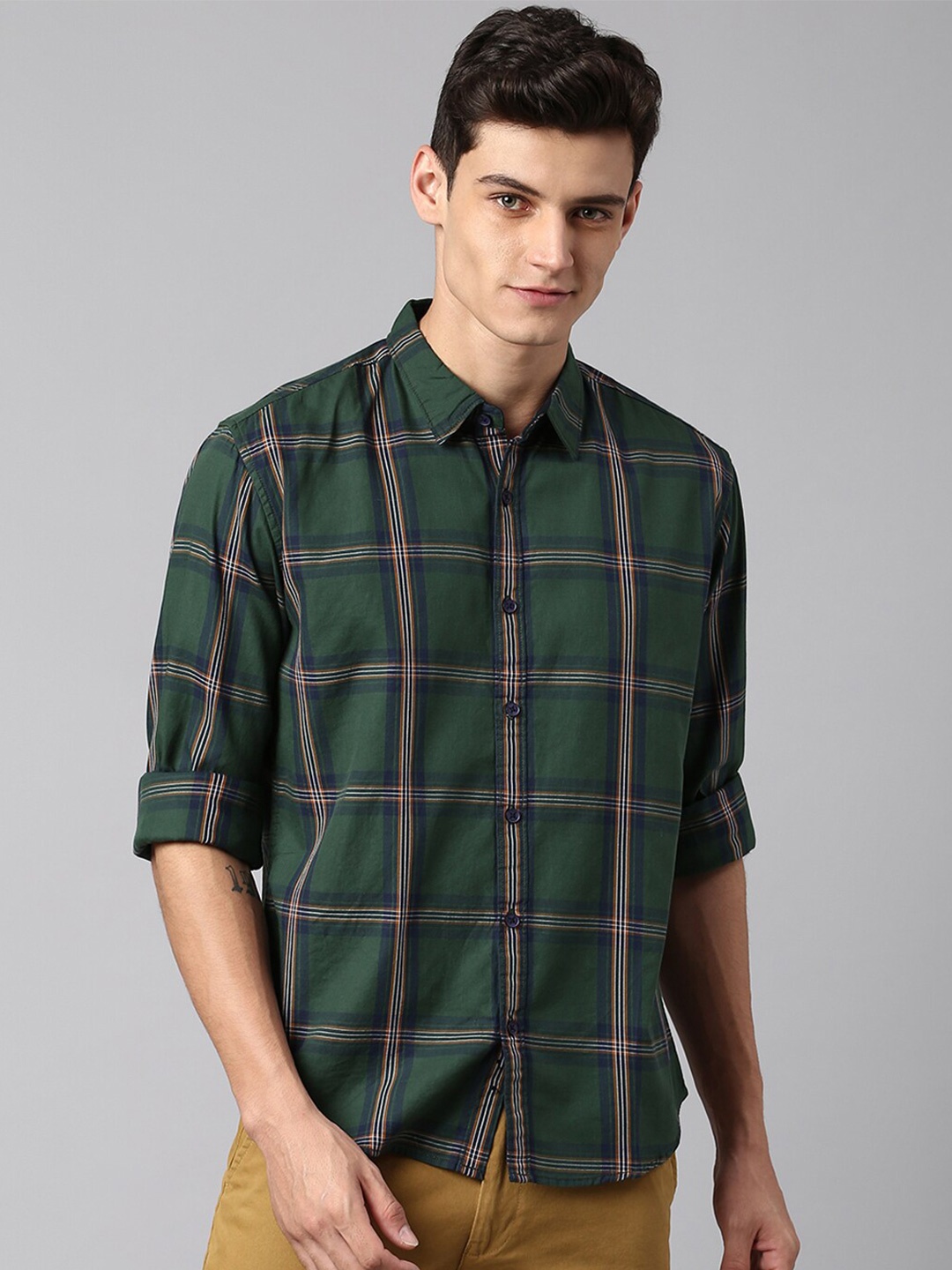 

Dennis Lingo Tartan Checks Pure Cotton Slim Fit Casual Shirt, Green