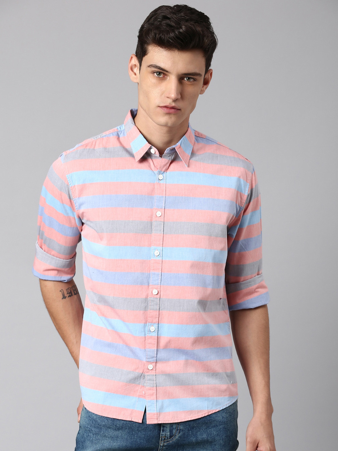 

Dennis Lingo Horizontal Stripes Pure Cotton Slim Fit Casual Shirt, Red