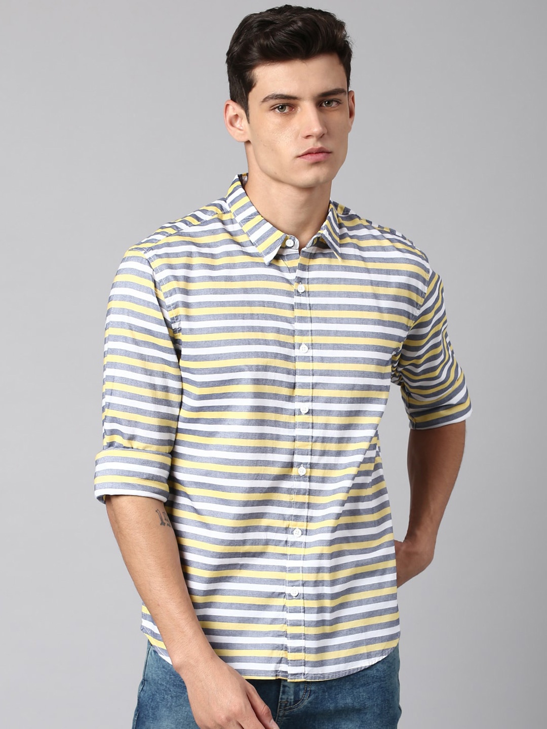 

Dennis Lingo Horizontal Stripes Pure Cotton Slim Fit Casual Shirt, Yellow