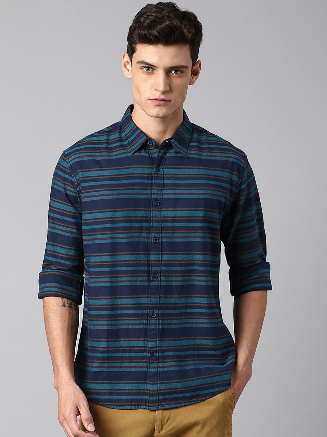 

Dennis Lingo Horizontal Stripes Cotton Casual Shirt, Blue