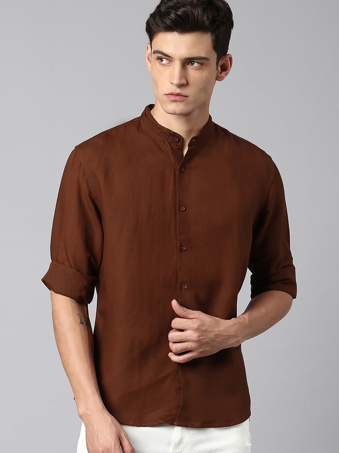 

Dennis Lingo Mandarin Collar Cotton Casual Shirt, Brown