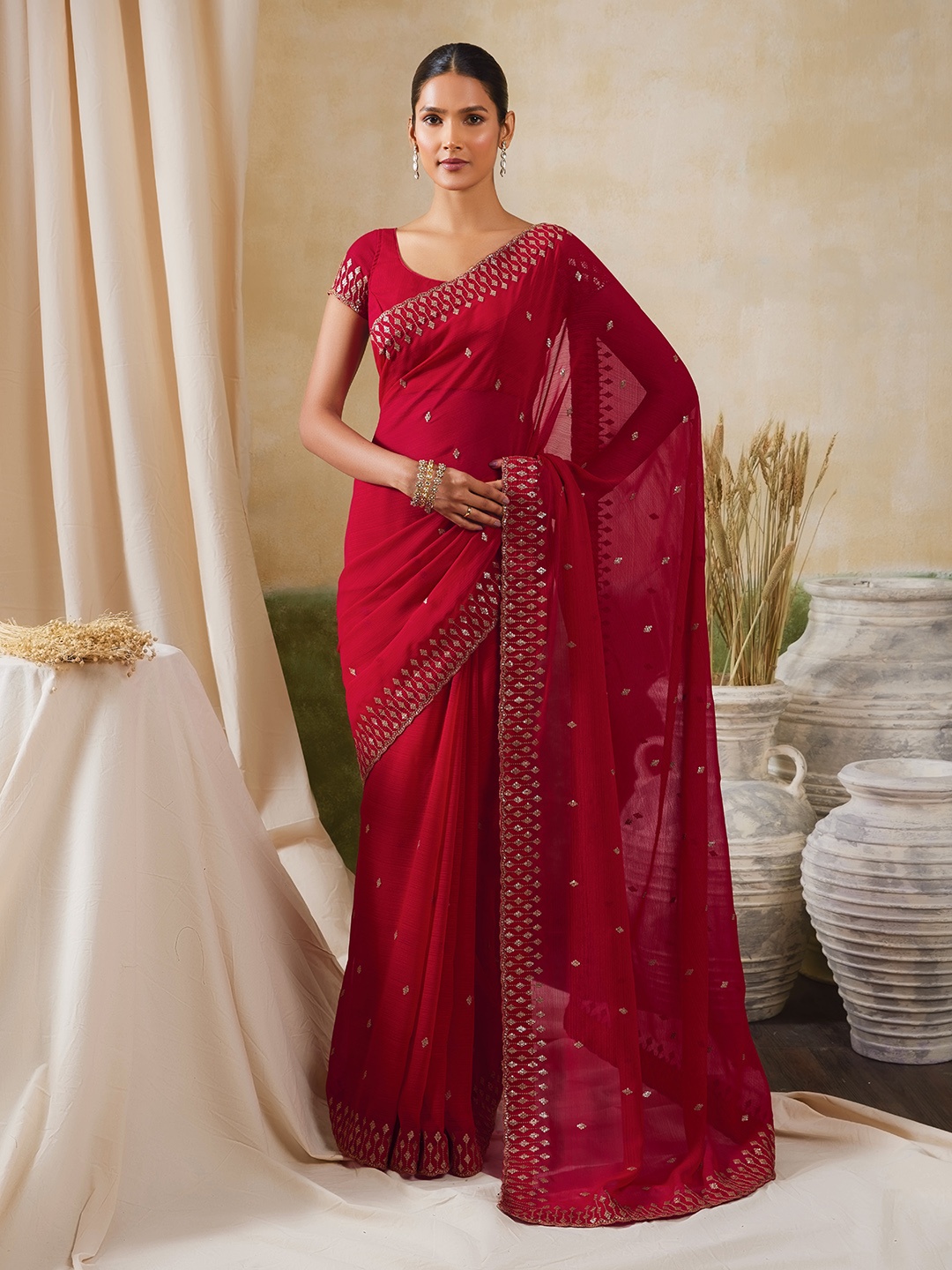

Soch Embellished Beads & Stones Pure Chiffon Saree, Red