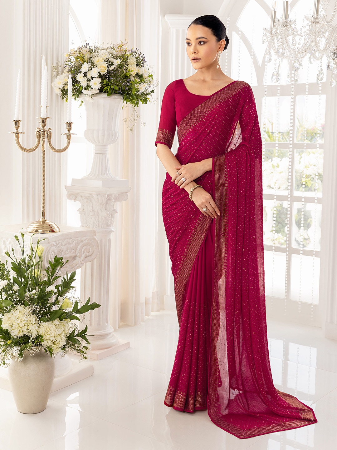 

Soch Embellished Pure Chiffon Saree, Fuchsia