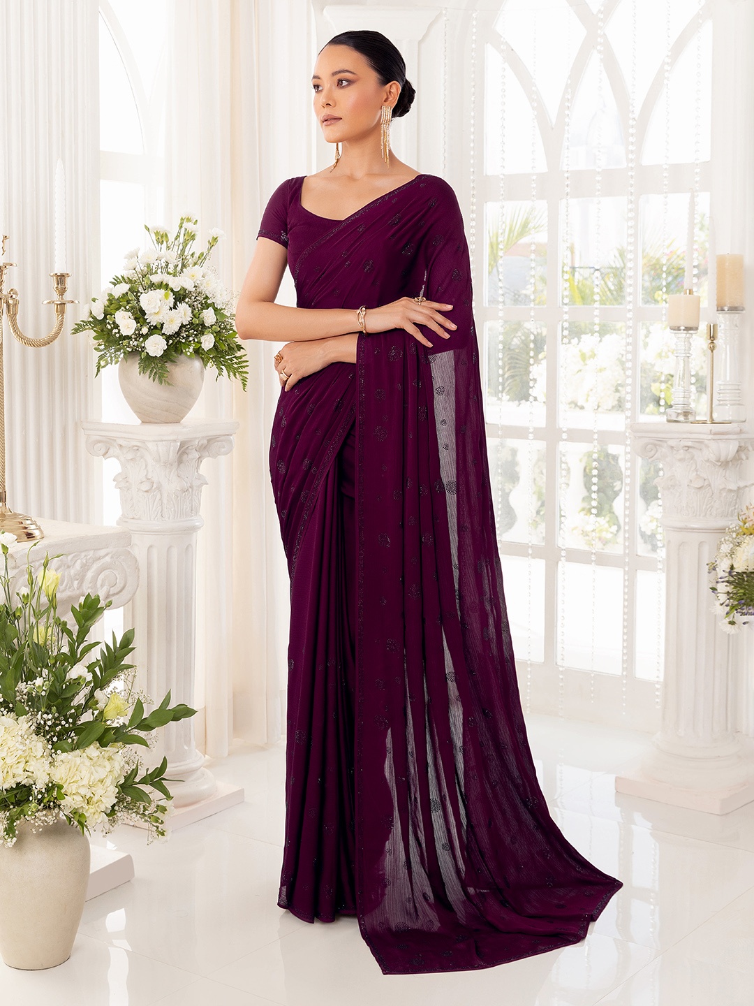

Soch Beads And Stones Embellished Pure Chiffon Heavy Work Saree, Burgundy