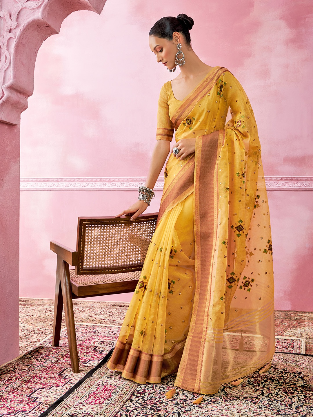 

Soch Floral Embroidered Zari Tissue Saree, Yellow