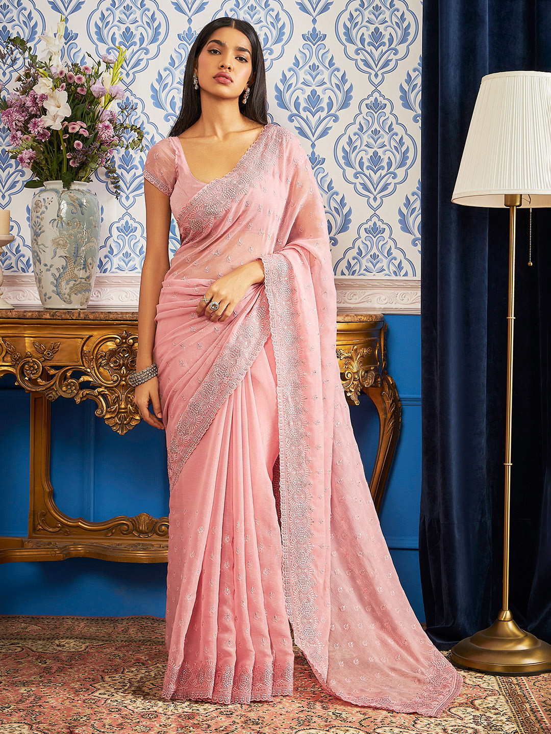 

Soch Ethnic Motifs Embroidered Pure Chiffon Saree, Pink