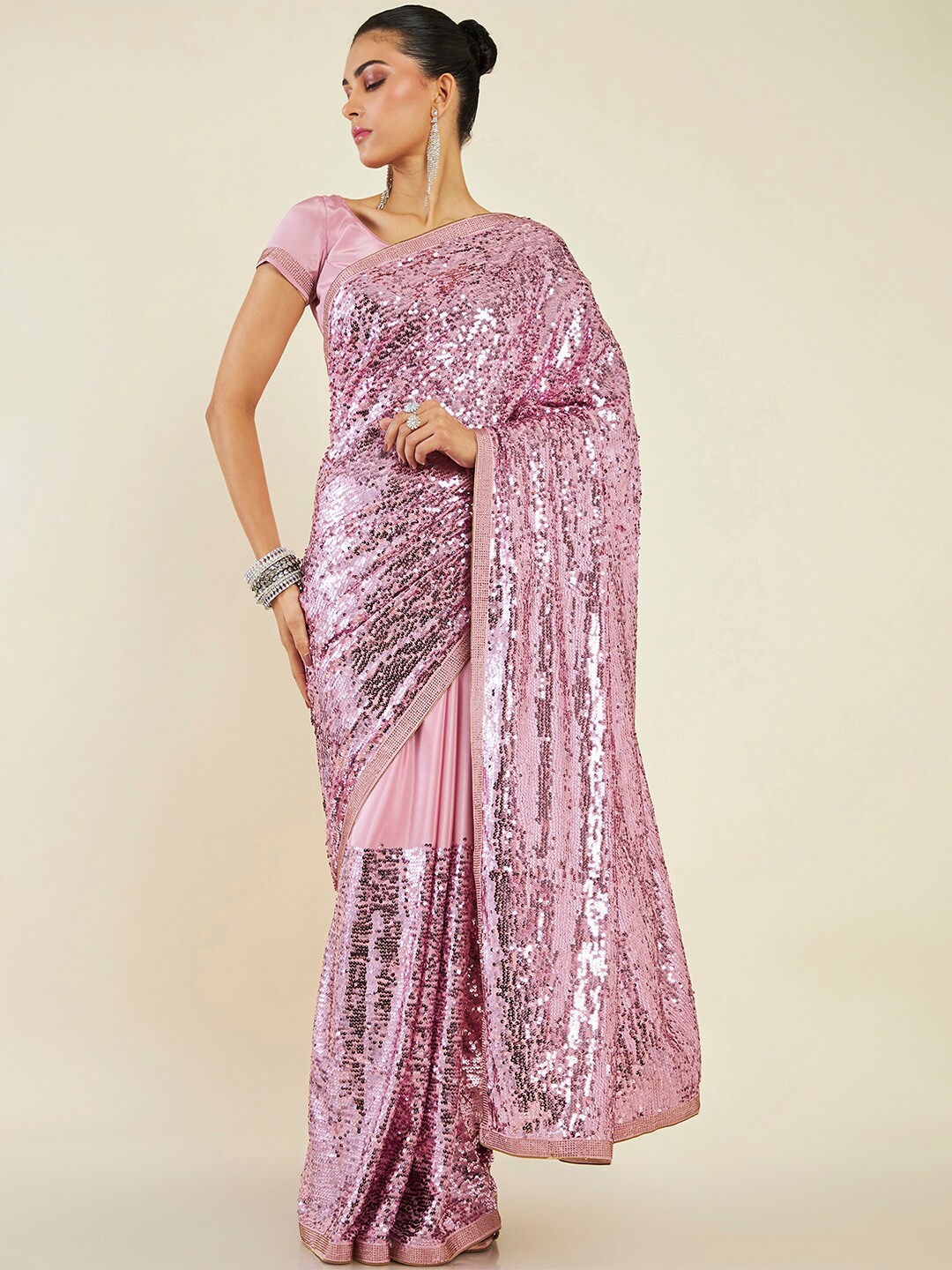 

Soch Sequinned Embellished Pure Crepe Saree, Pink