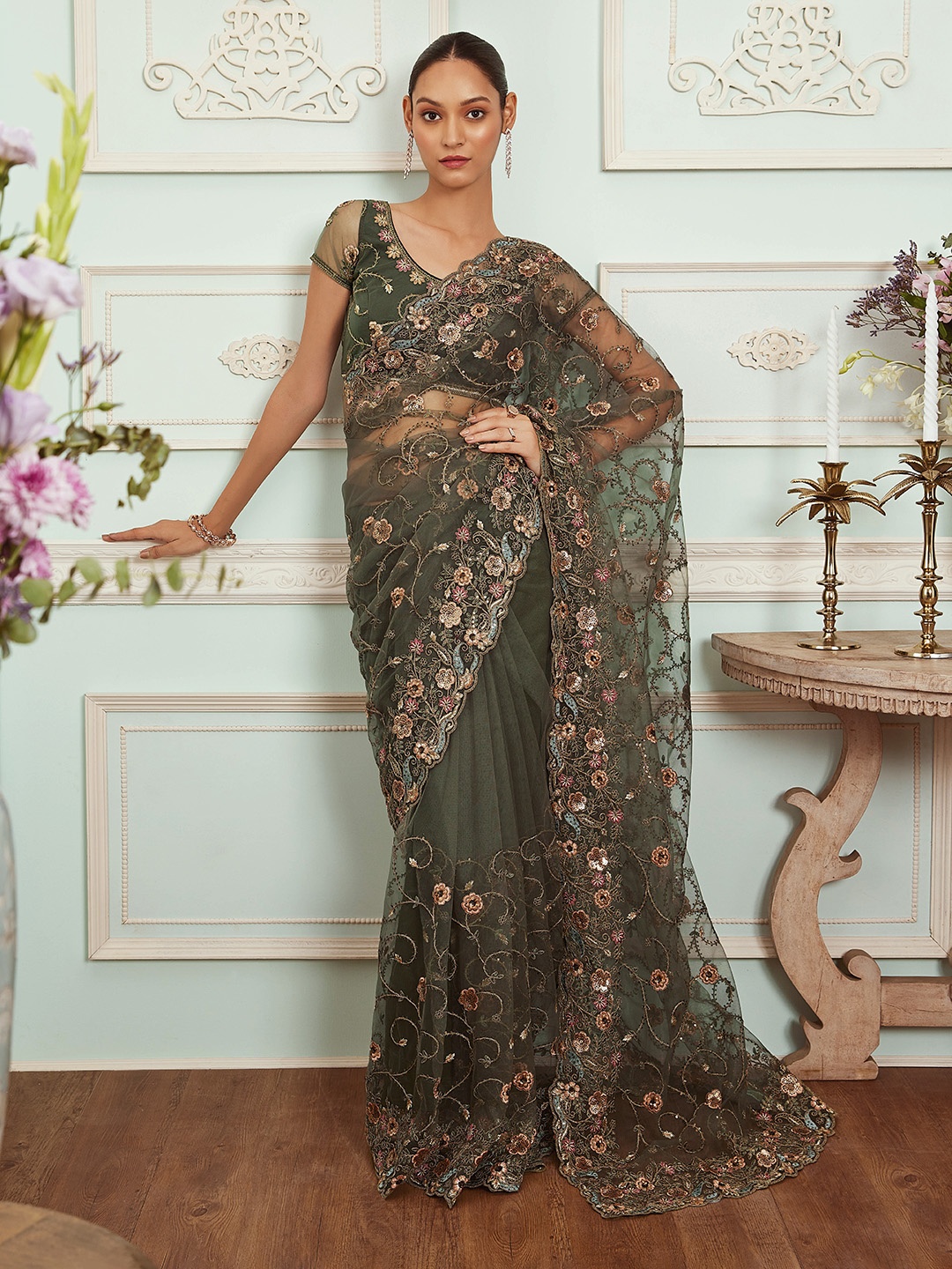 

Soch Floral Embroidered Net Saree, Green