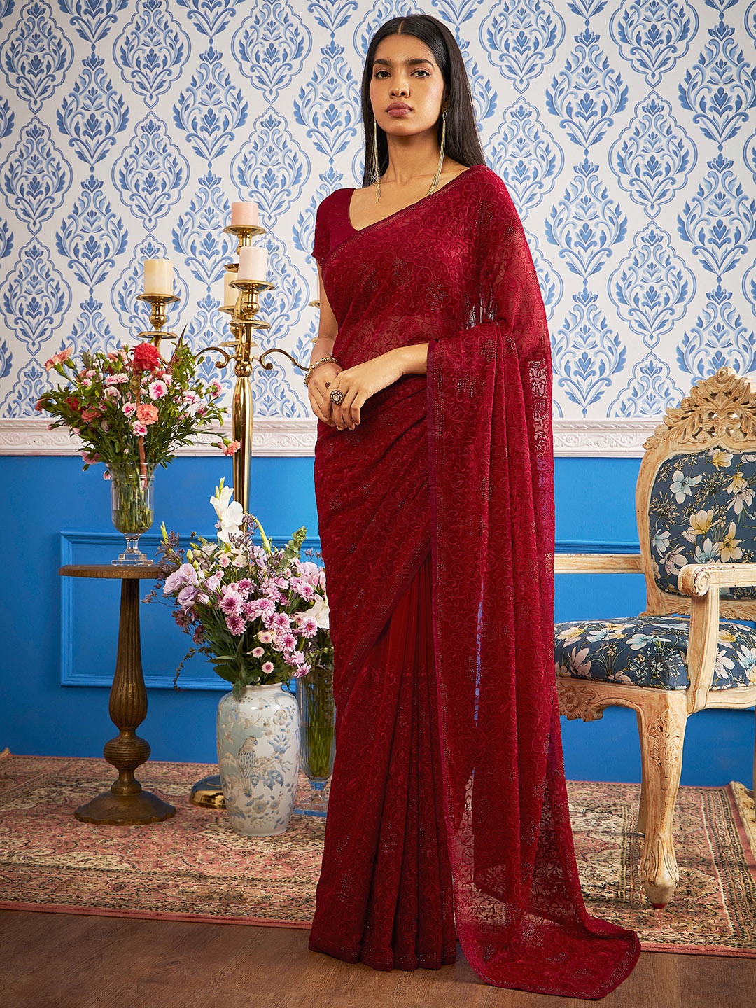 

Soch Beads And Stone Embellished Pure Chiffon Saree, Maroon