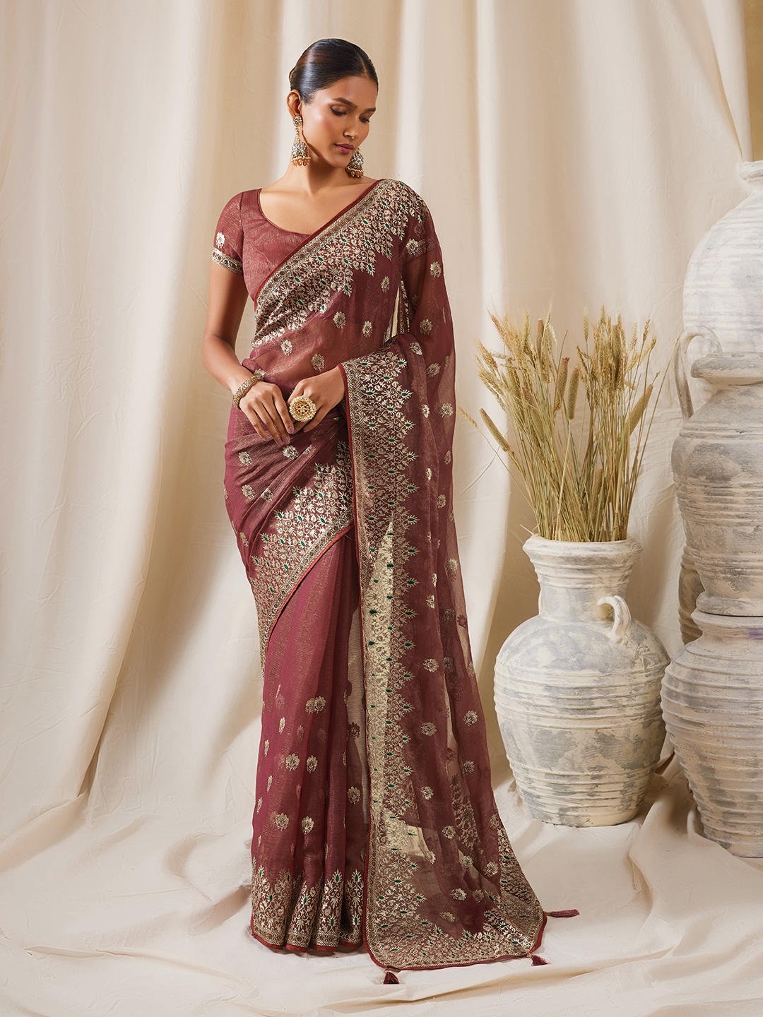 

Soch Floral Woven Design Zari Pure Chiffon Saree, Pink