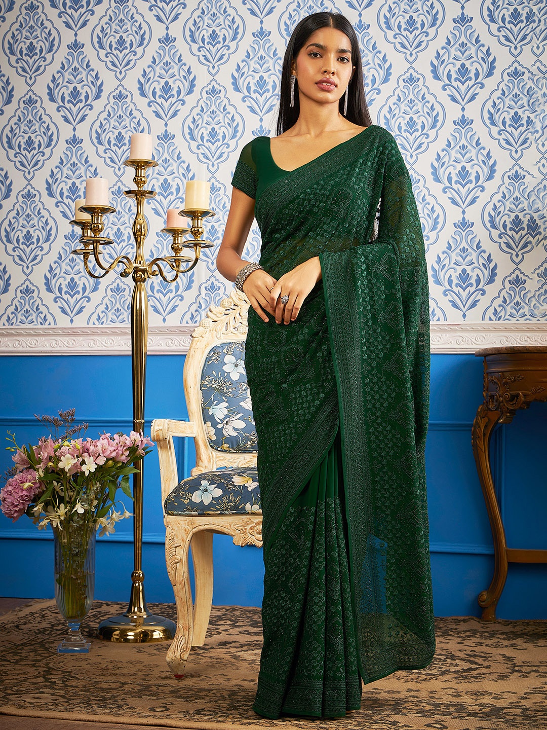 

Soch Floral Sequinned Pure Chiffon Saree, Green