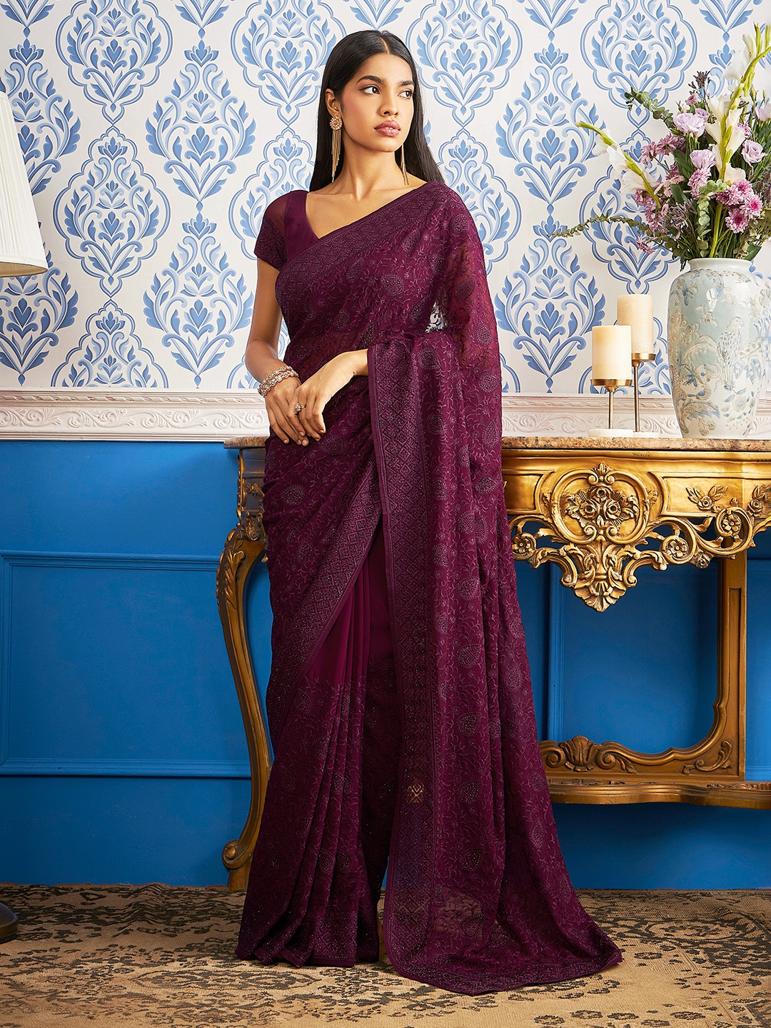 

Soch Floral Embroidered Pure Georgette Saree, Burgundy