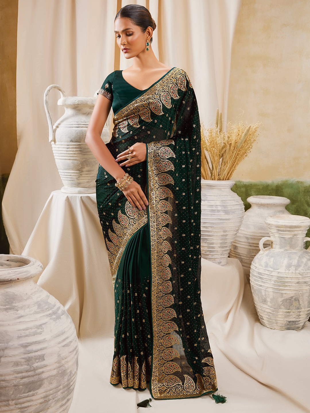 

Soch Ethnic Motif Woven Design Zari Pure Chiffon Saree, Green