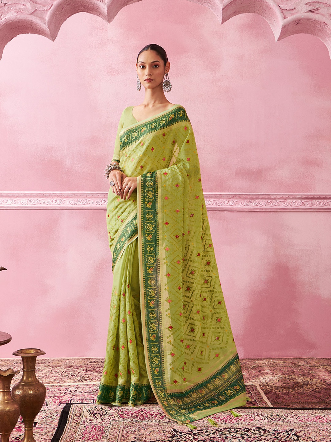 

Soch Ethnic Motifs Embroidered Tissue Saree, Green