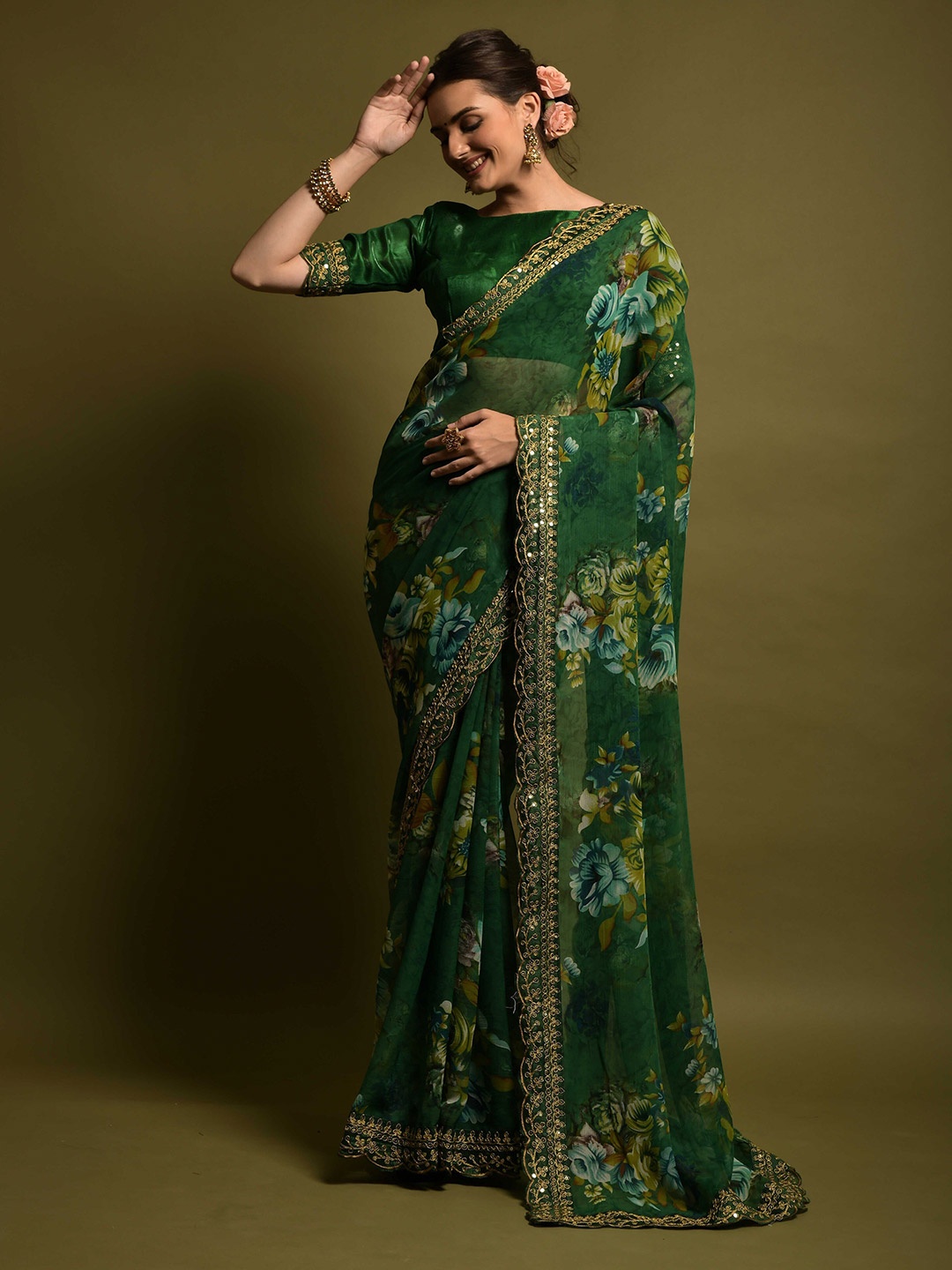 

Mitera Floral Printed Mirror Work Pure Georgette Leheriya Saree, Green