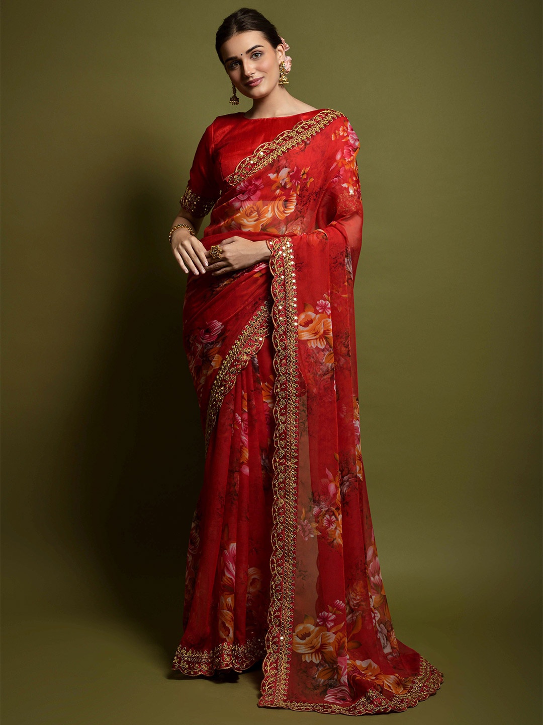 

Mitera Floral Printed Mirror Work Pure Georgette Leheriya Saree, Red