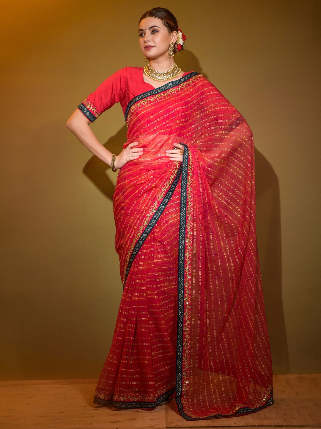 

Mitera Striped Sequinned Leheriya Saree, Pink