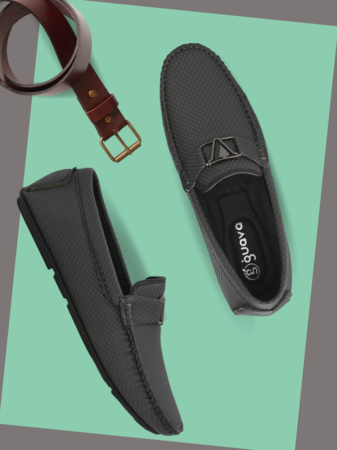 

Guava Men Buckle Detail Textured Square Toe Lightweight Penny Loafers, Grey