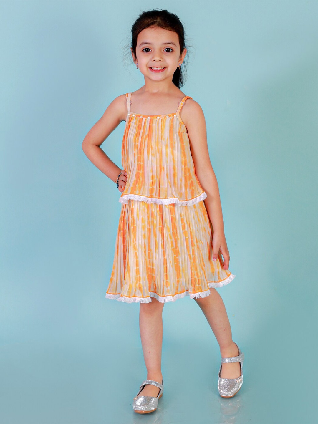 

LIL DRAMA Girls A-Line Stylish Shibori Georgette Dress With Lace Edging, Orange