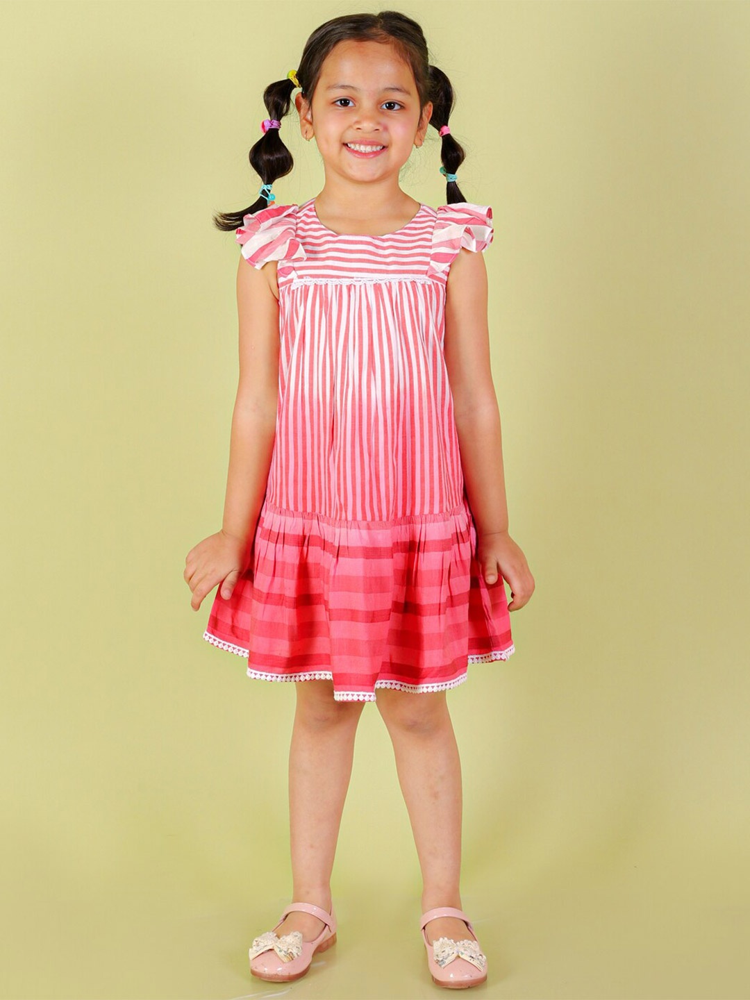 

LIL DRAMA Girls Horizontal Striped A-Line Cotton Dress, Red