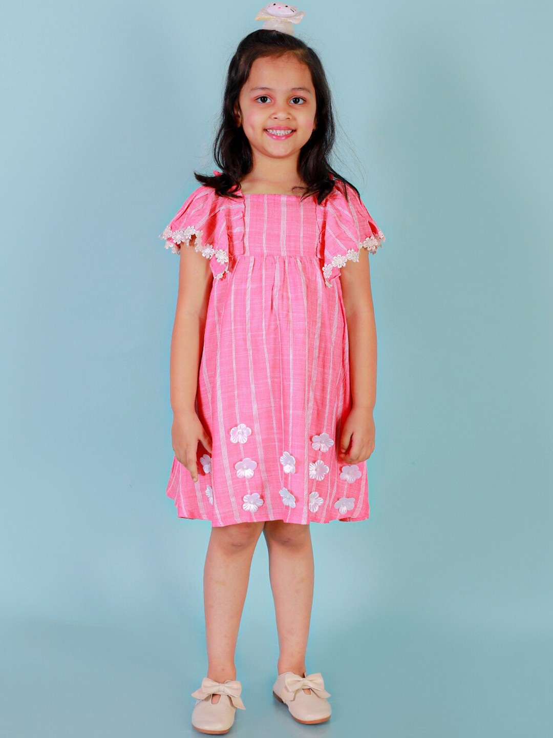 

LIL DRAMA Girls Striped Embellished Flutter Sleeves A-Line Dress, Pink