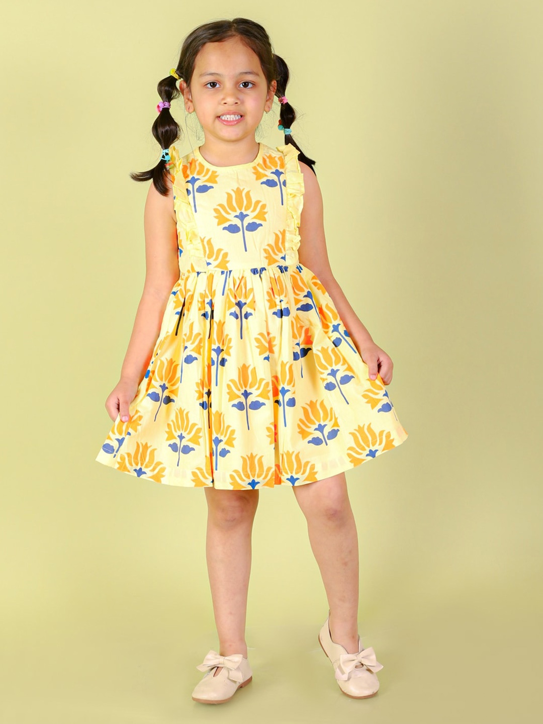 

LIL DRAMA Girls Floral Printed Sleeveless Lace Trim Cotton Fit and Flare Dress, Yellow