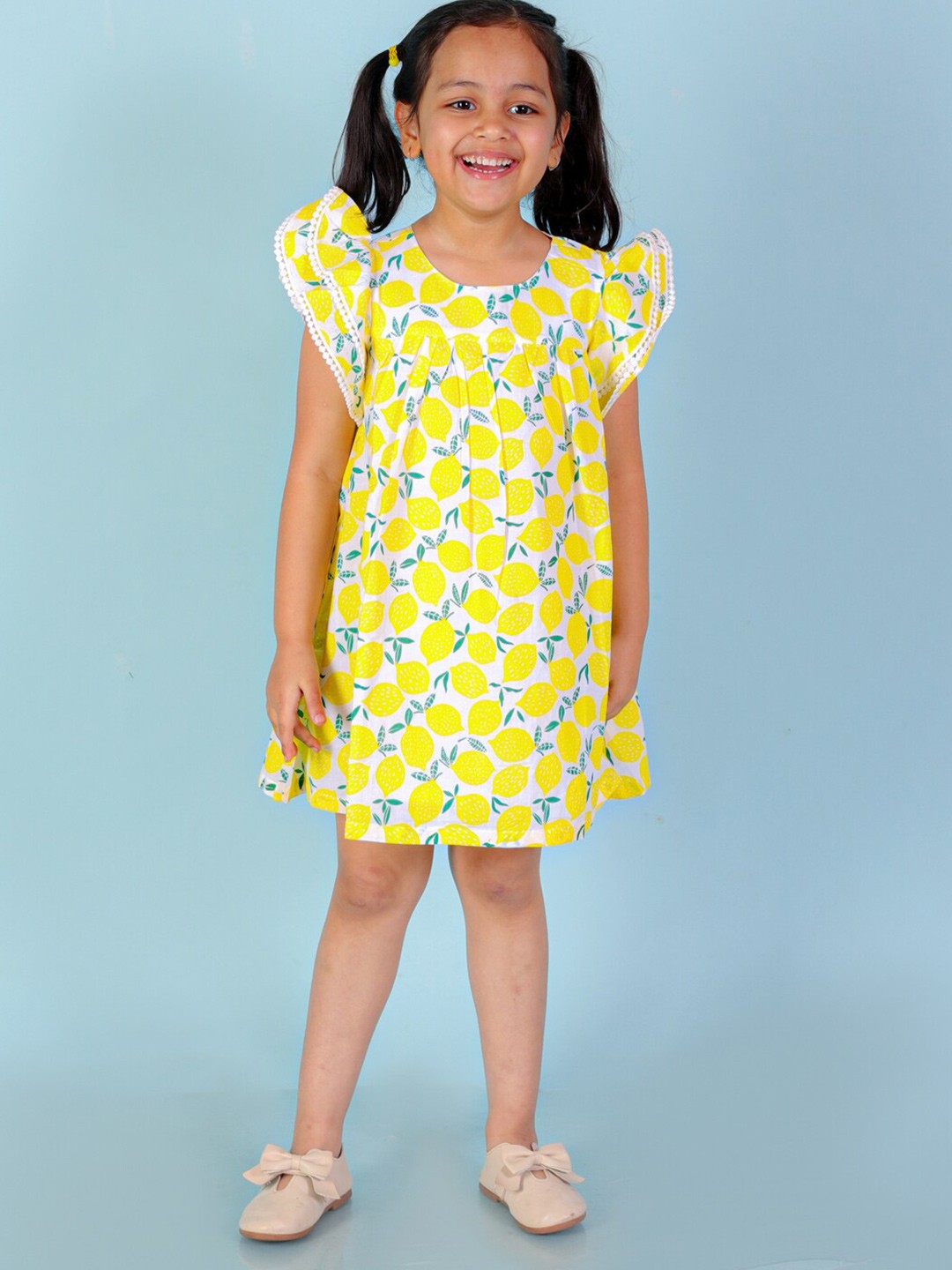 

LIL DRAMA Girls Graphic Printed Cotton Flutter Sleeves A-Line Dress, Yellow