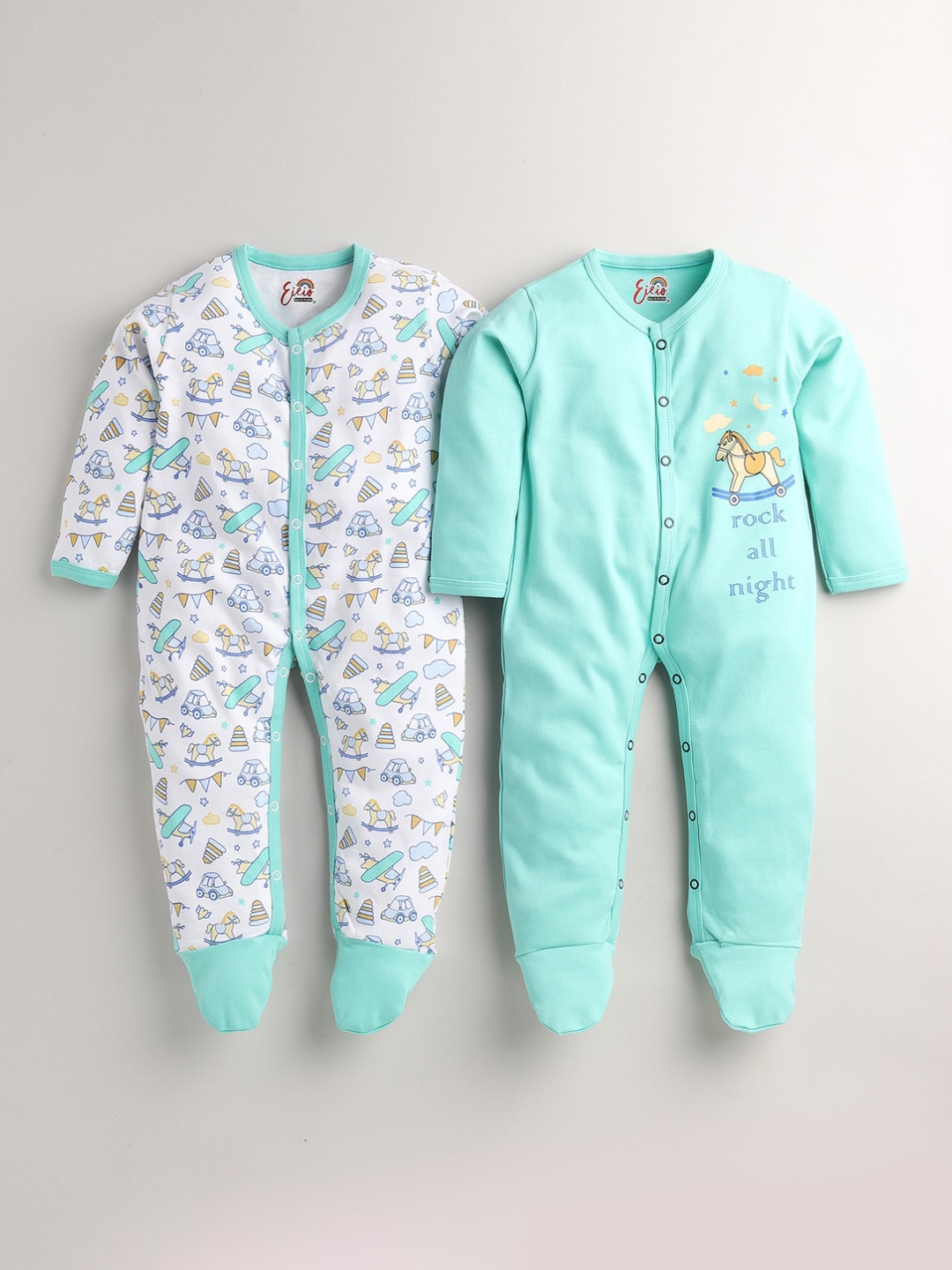 

Eieio Infants Pack Of 2 Printed Pure Cotton Romper, Green