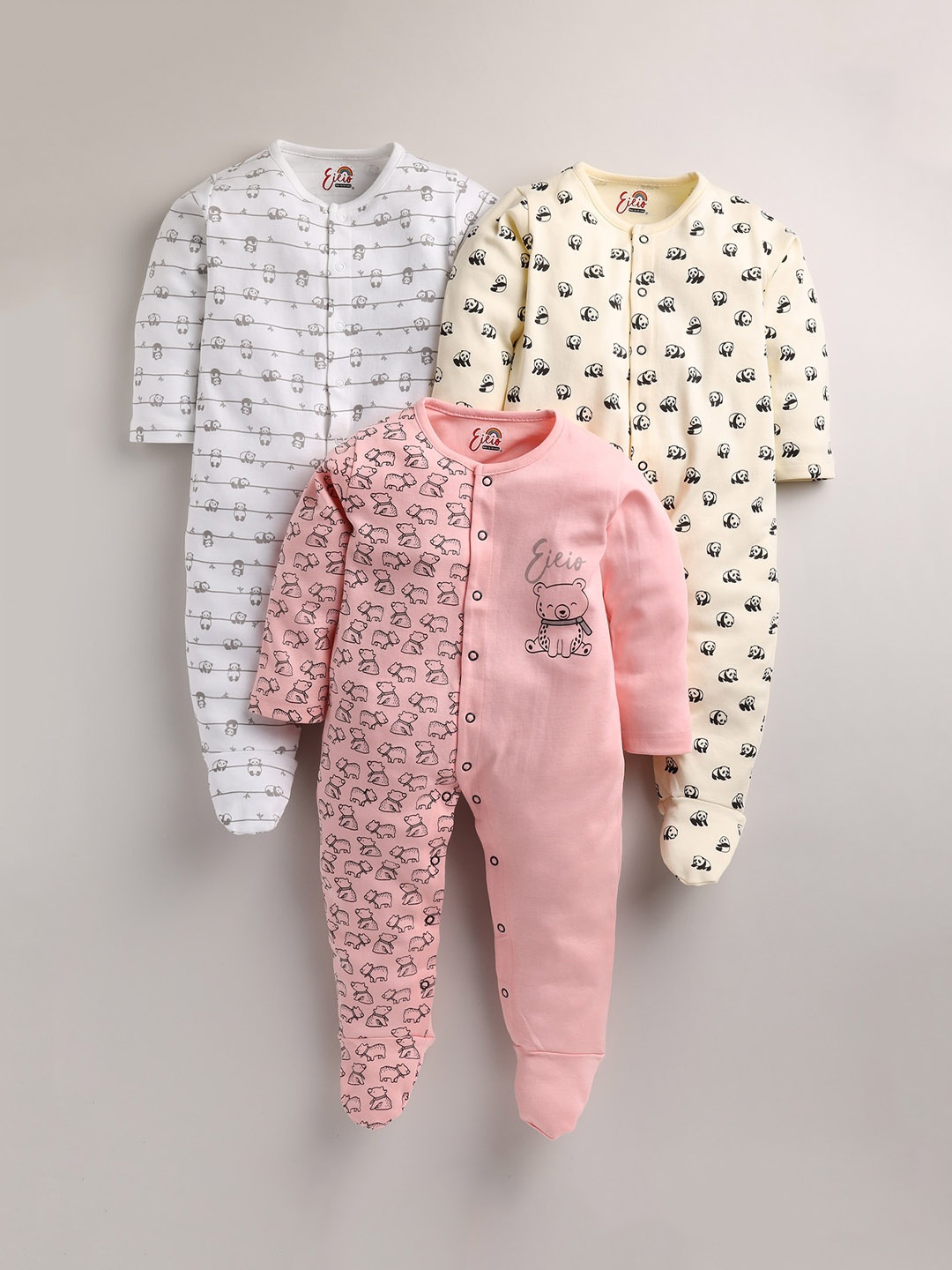 

Eieio Infants Pack Of 3 Pure Cotton Printed Sleepsuit, White