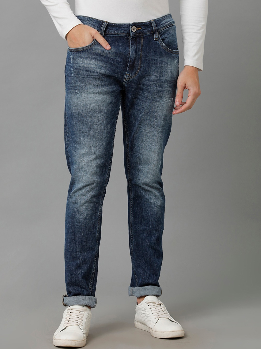 

Voi Jeans Men Skinny Fit Low Distress Heavy Fade Cotton Jeans, Blue