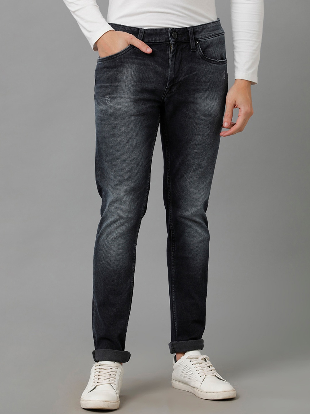 

Voi Jeans Stretchable Skinny Fit Light Fade Low Distress Cuffed Hem Jeans, Blue