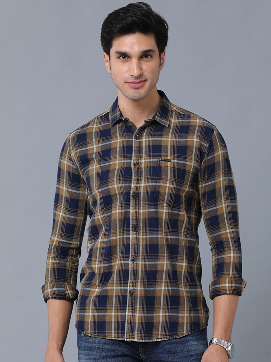 

Voi Jeans Slim Fit Tartan Checks Checked Casual Shirt, Brown