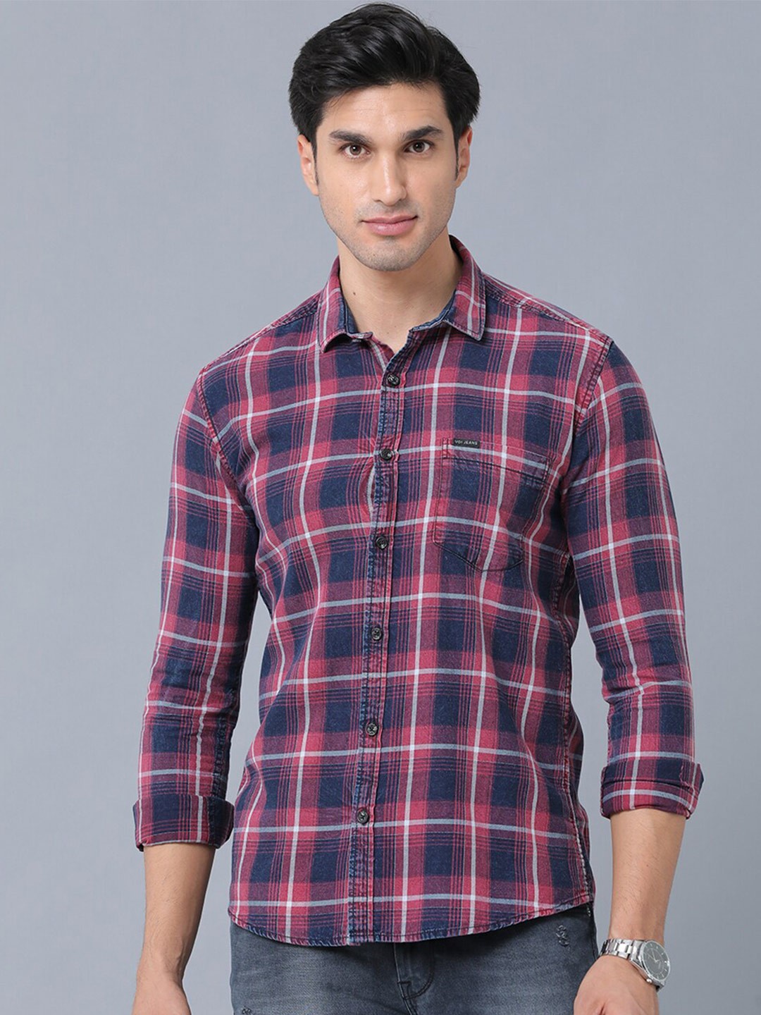 

Voi Jeans Slim Fit Tartan Checks Checked Casual Shirt, Blue
