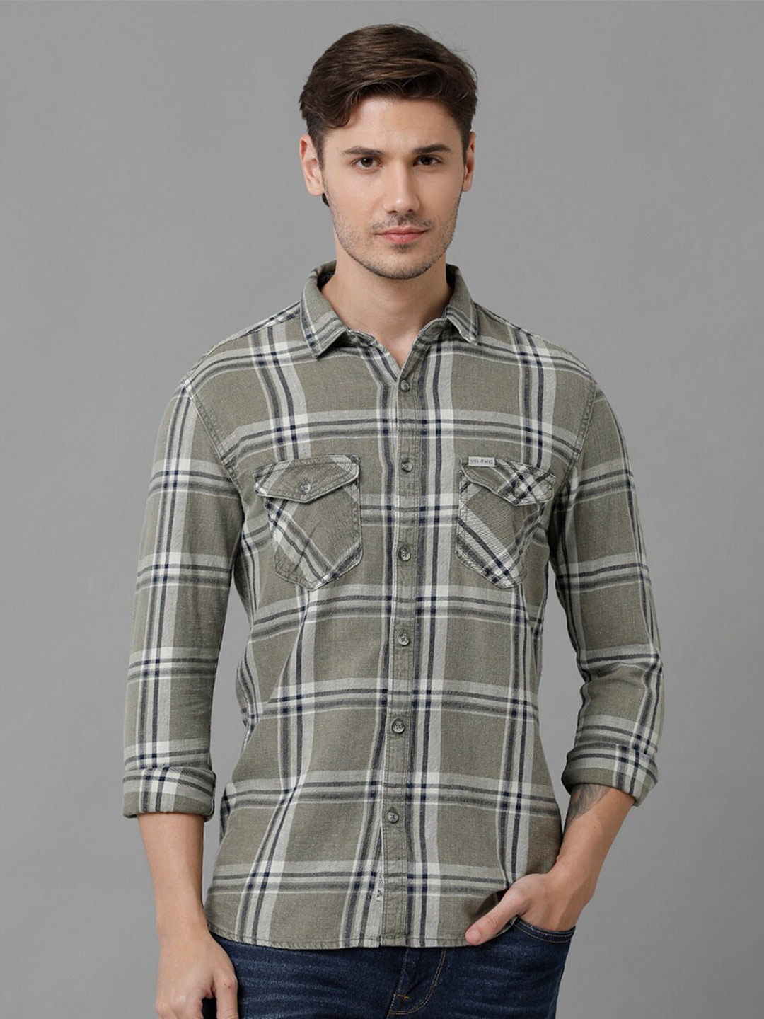 

Voi Jeans Slim Fit Tartan Checked Casual Shirt, Green