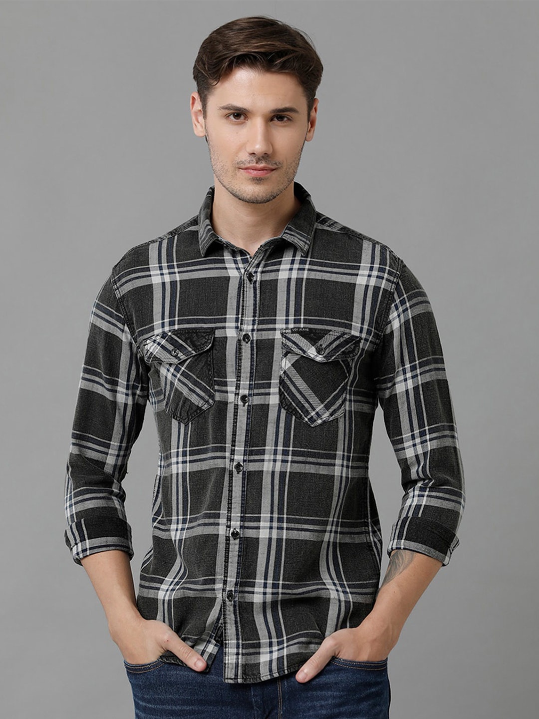 

Voi Jeans Tartan Checks Pure Cotton Slim Fit Casual Shirt, Black