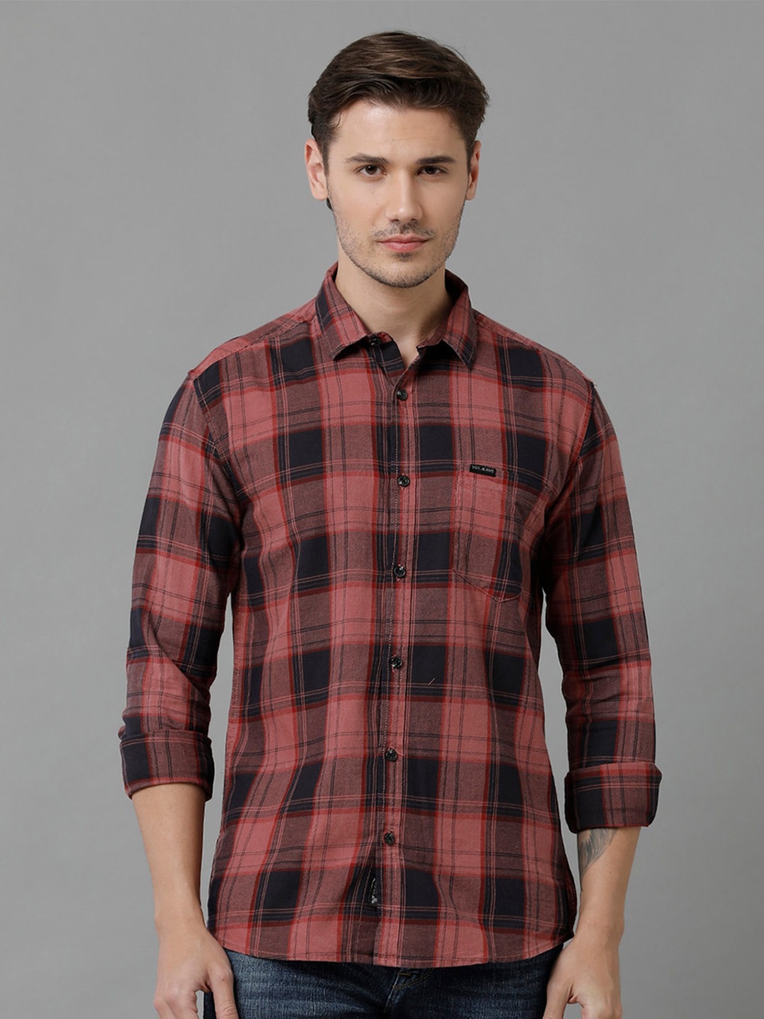 

Voi Jeans Tartan Checks Pure Cotton Slim Fit Casual Shirt, Red