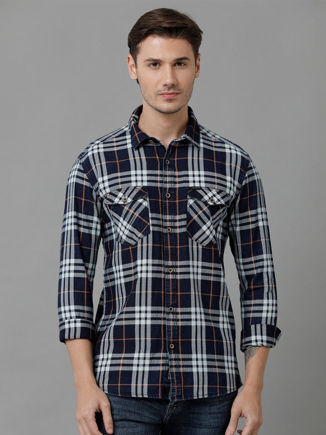 

Voi Jeans Tartan Checks Cotton Casual Shirt, Navy blue