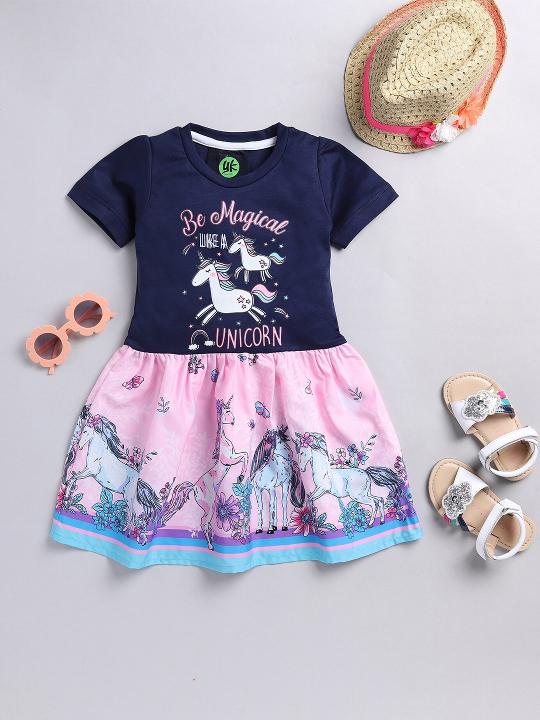 

YK Girls Unicorn Printed Cotton Dress, Blue
