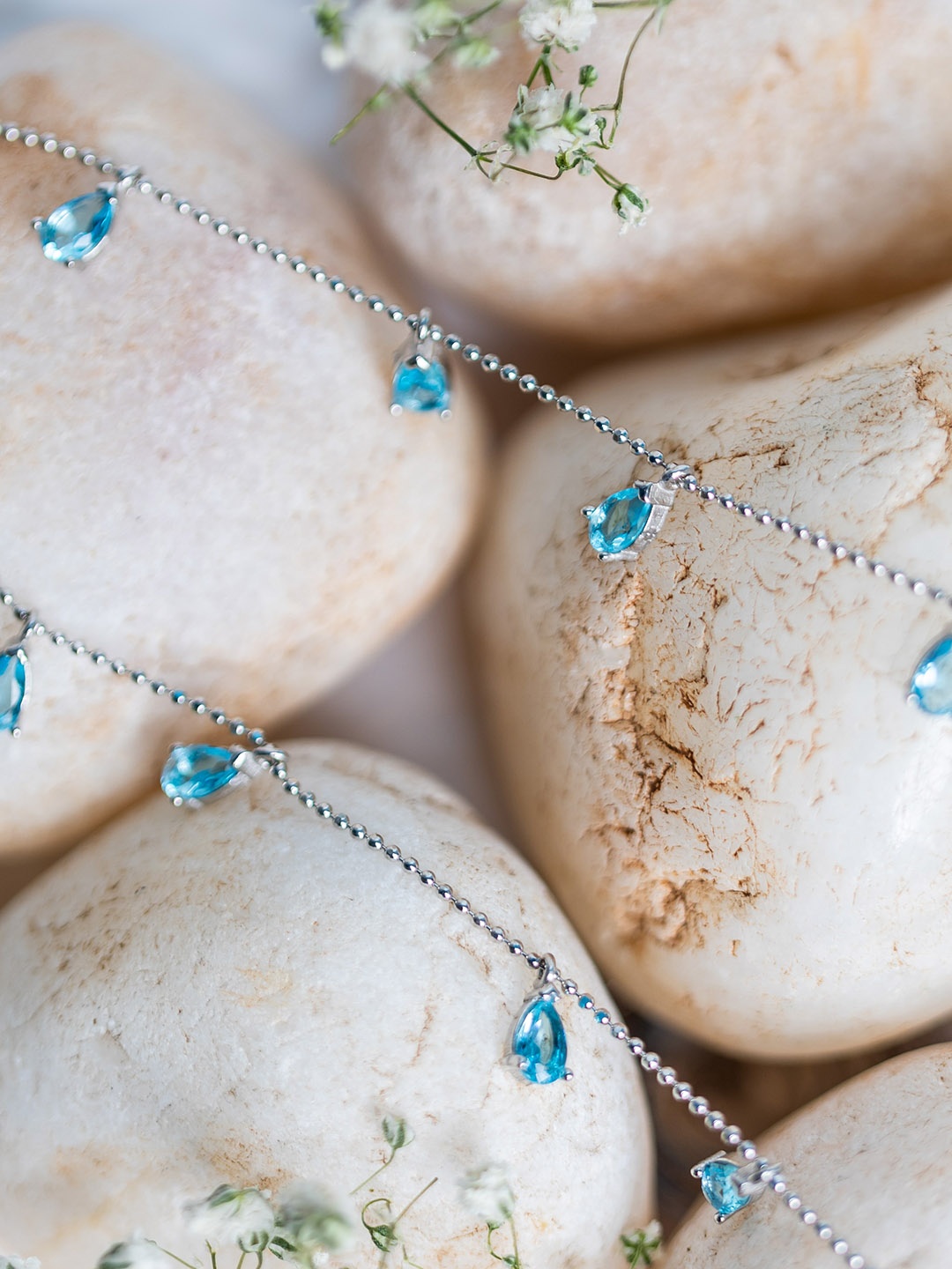 

AKSA Set of 2 Rhodium-Plated Stone Studded Anklets, Silver