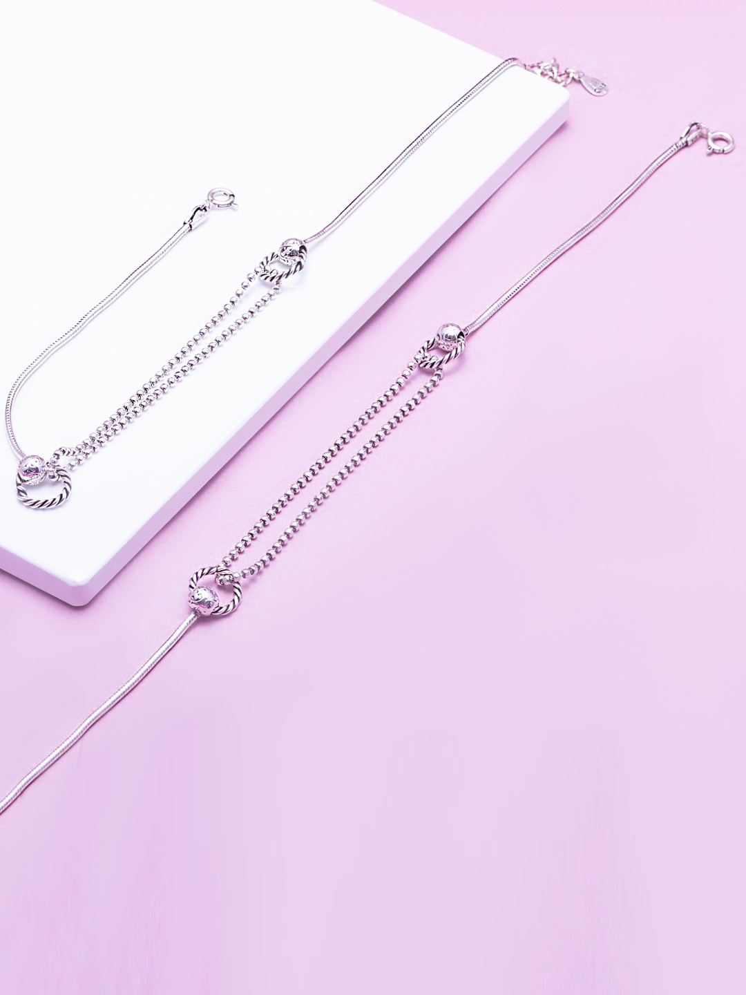 

AKSA Set of 2 Rhodium-Plated Beaded Detail Silver Layered Anklets