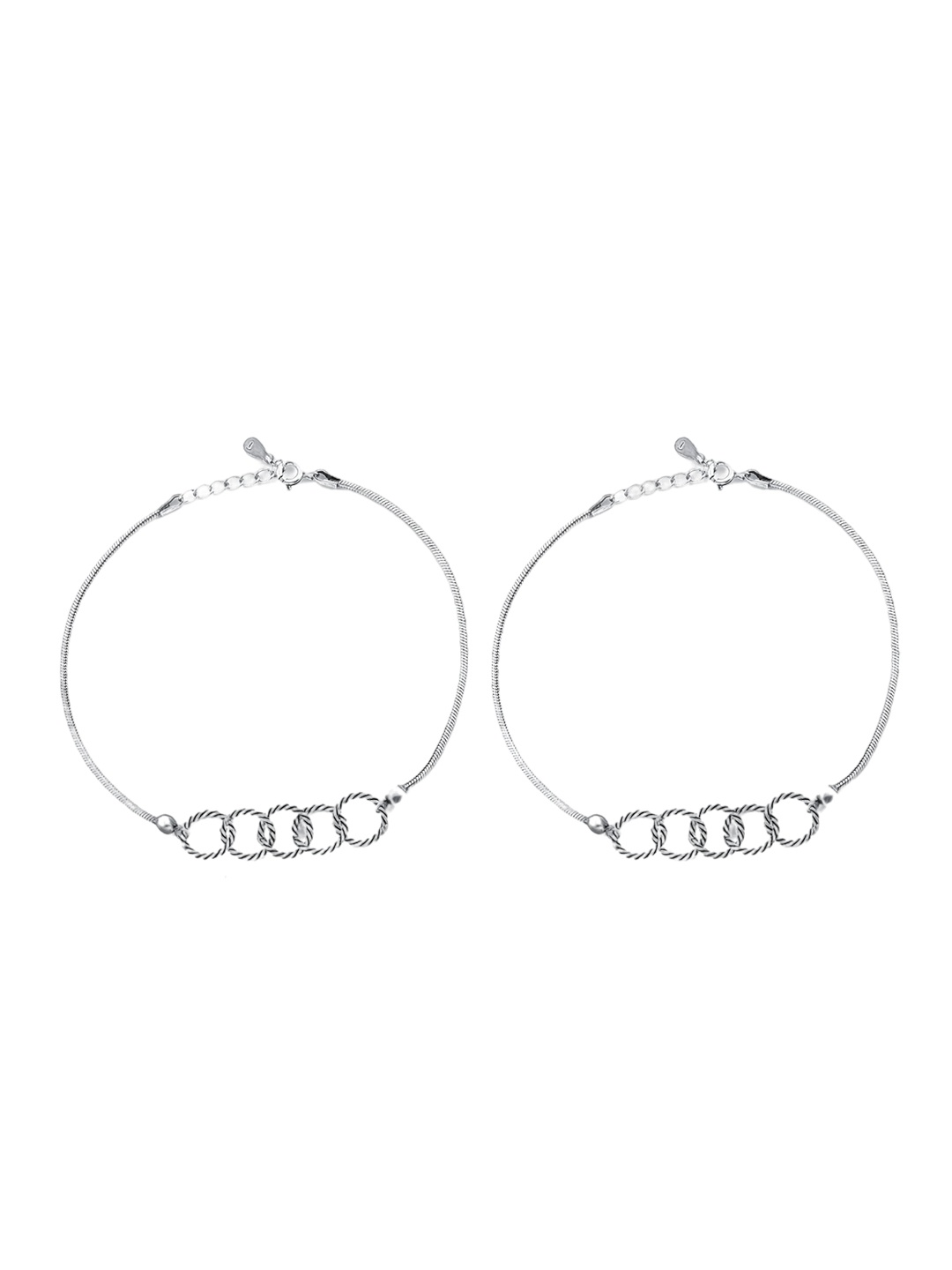 

AKSA Set of 2 Rhodium-Plated Stone Studded Anklets, Silver
