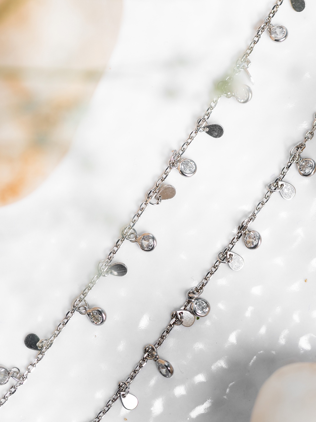 

AKSA Set Of 2 Rhodium-Plated Stone-Studded Anklet, Silver