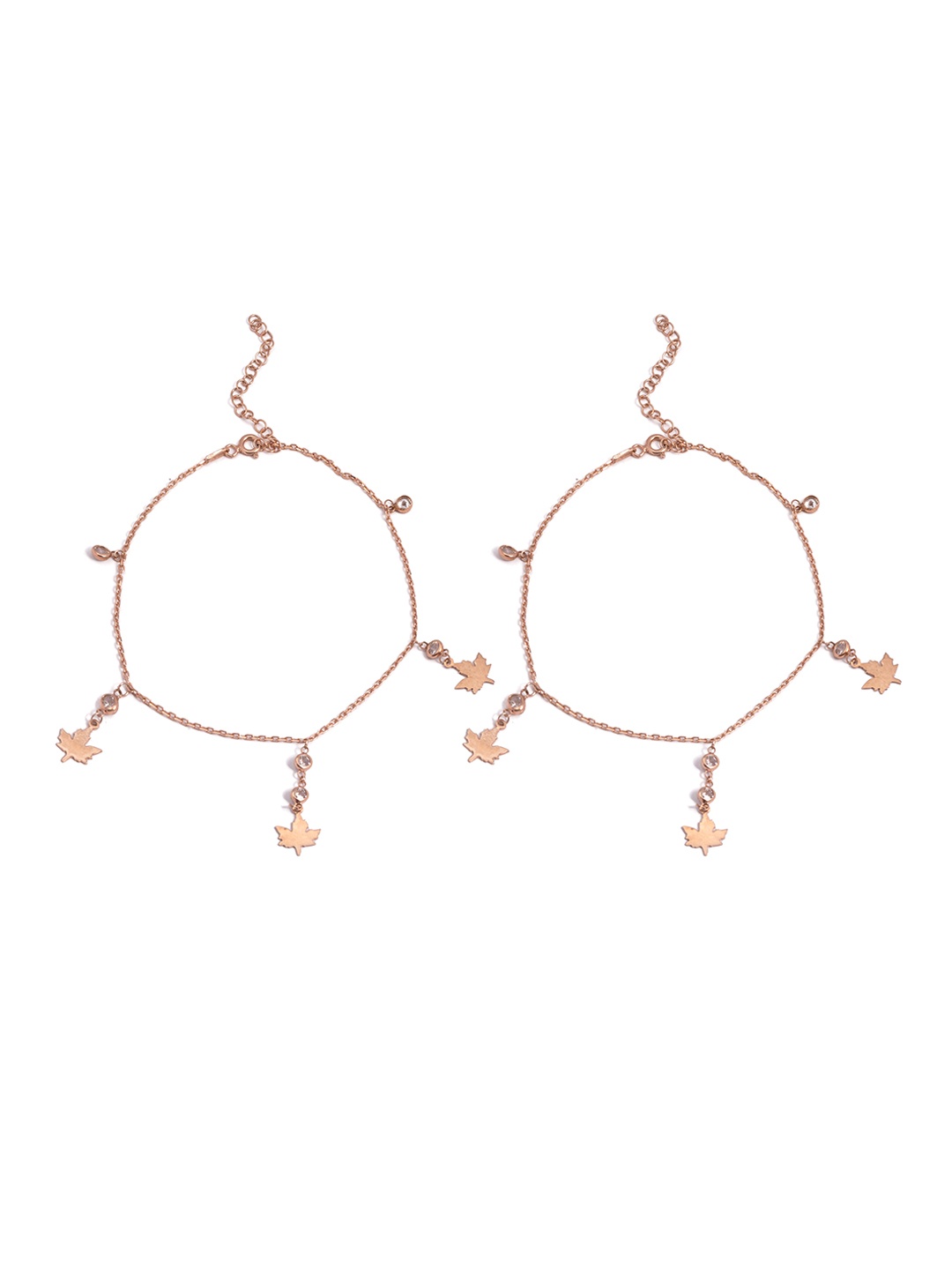 

AKSA Set of 2 Rhodium-Plated Stone-Studded Maple Design Detailed Silver Anklets, Rose gold